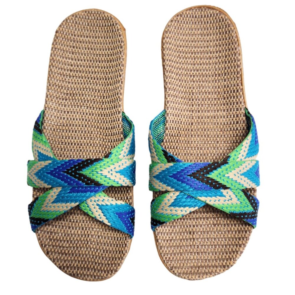 Linen Slides, Breathable, Blue and Green Size 7